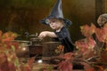 Little halloween witch with smoking cauldron