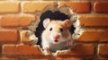 Little hamster peeking out of a hole in brick wall. Generative AI Royalty Free Stock Photo