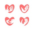 Little hand in big hand in heart silhouette, vector icon set. Charity, hold, help and care company logo template. Flat