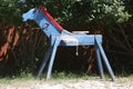 Wooden horse for children learning to ride in a riding school Royalty Free Stock Photo