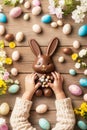 Little hands hold a chocolate bunny while colorful eggs and spring flowers create a vibrant Easter atmosphere Royalty Free Stock Photo