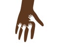 Little hands inside big palm vector icon. Helping hand, kids health care, charity logo template. Flat brown silhouette