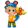 A little happy animated boy with eared hat holding a bouquet of blooming flowers isolated on white background. Vector