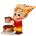 A little happy animated boy eating a piece of cake on birthday isolated on white background. Vector cartoon close-up