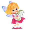 A little happy animated girl with fairy wings holding a bouquet of blooming snowdrops isolated on white background