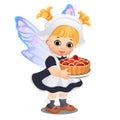 A little happy animated girl with fairy wings holding a delicious raspberry pie isolated on white background. Vector