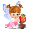 A little happy animated girl with fairy wings holding a delicious strawberry dipped in chocolate isolated on white