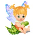 A little happy animated girl with fairy wings holding a green peas isolated on white background. Vector cartoon close-up Royalty Free Stock Photo