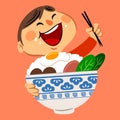 A little happy boy eating a big bowl of rice with chopsticks