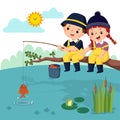 Little happy boy and girl sitting on the branch and fishing in a pond. Fisherman kids Royalty Free Stock Photo