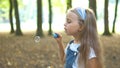 Little happy child girl blowing soap bubbles outdoors in summer park Royalty Free Stock Photo