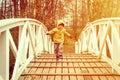 Little happy four year old kid boy in autumn clothes runs and jumps on the humpback wooden bridge in the fall park. flare.