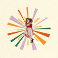 Little happy girl, child n retro style dress jumping, playing, having fun over pastel background with colorful design