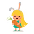 Little Happy Girl Hare Bunny Ears Big Tasty Carrot Symbol Smiling Child