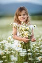 Little cute girl with bouquet of camomile flowers Royalty Free Stock Photo