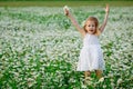 A little happy girl jumps with her arms outstretched in a white dress with a bouquet of daisies in a meadow. Summer mood in nature Royalty Free Stock Photo