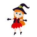 Little happy girl with red hair in a witch costume. A girl in a witch costume and a hat.