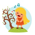 Little Happy Girl Sing Bird Tree Symbol Smiling Child Icon Concept Flat Design Vector Illustration Royalty Free Stock Photo