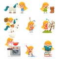 Little Happy Girl Smiling Child Icon Set Concept Isolated Flat Design Vector Illustration