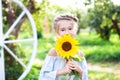 Little happy girl in summer park covers her face with a sunflower in summer, enjoys a sunny day and nature, expresses positive sin Royalty Free Stock Photo