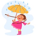 A little happy girl with an umbrella stands under the raindrops and laughs. Children\'s happiness illustration