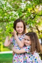 Little happy girls on a walk on a summer evening at sunset in the park. Sisters Royalty Free Stock Photo