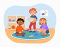 Little happy kids are helping to pick up toys and put in a container Royalty Free Stock Photo