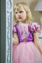 Little happy princess girl in pink dress and crown in her royal room posing and smiling. Royalty Free Stock Photo