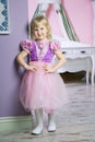 Little happy princess girl in pink dress and crown in her royal room posing and smiling. Royalty Free Stock Photo