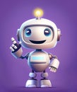 Little happy robot mascot with finger pointing up over blue background, generative AI illustration