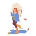 Little happy schoolgirl cartoon character in warm wear with umbrella walking on street under rain