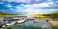 Little Harbour at the riverside of the river Rhein in Cologne on a summer evening Royalty Free Stock Photo