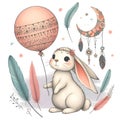 Little hare fly with balloon boho style Royalty Free Stock Photo