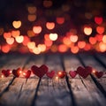 little hearts on wooden surface with bokeh lights background Royalty Free Stock Photo