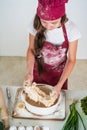 Little helper baking. culinary and cuisine. happy childhood. happy child wear cook uniform. chef girl in hat and apron Royalty Free Stock Photo