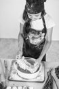 little helper baking. culinary and cuisine. happy childhood. happy child wear cook uniform. chef girl in hat and apron Royalty Free Stock Photo