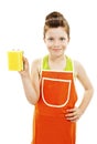 Little homemaker in an apron holding a sponge washer