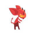 Little horned devil posing with happy face. Cartoon fictional demon character with big ears, tail and beard. Flat vector