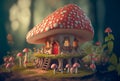 Little house in the fly agaric mushroom in the Fairytale forest. Generative AI Royalty Free Stock Photo