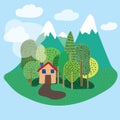 Little house in forest with mountains cartoon illustration . Royalty Free Stock Photo