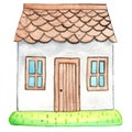 Little house with grass feild watercolor illustration