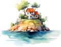 A little house on an island watercolor Royalty Free Stock Photo