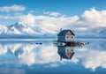 A little house in the middle of the water with mountains in the background. Color palette with the essence of nature. Winter time