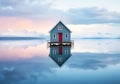 A little house in the middle of the water with mountains in the background. Color palette with the essence of nature. Winter time