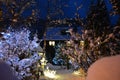 A little house in the snow, covered with Christmas lights Royalty Free Stock Photo