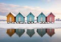 Little houses in the middle of the water with mountains in the background. Color palette with the essence of nature. Winter time