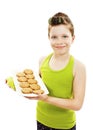 Little housewife showing cookies on tray