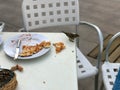 A little hungry bird of the sparrows eats food from the visitor`s plate on the table in an open summer cafe on the street Royalty Free Stock Photo