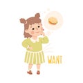 Little Hungry Girl Wanting Eat Hamburger Demonstrating Vocabulary and Verb Studying Vector Illustration