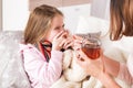 Little ill girl refuse to drink pill